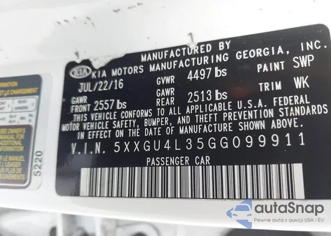 2016 Kia Optima Ex z USA, uszkodzony, nr VIN 5XXGU4L35GG099911